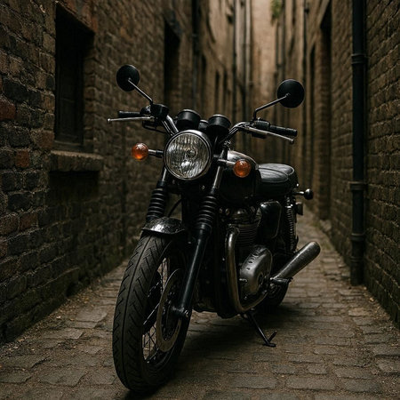 Motorcycle parked on the street in the old town. Retro style.
