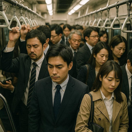 Group of Asian business people in the subway train, Tokyo, Japanの写真素材