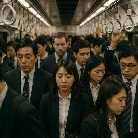 Group of Asian business people traveling by train in Tokyo, Japan.の写真素材