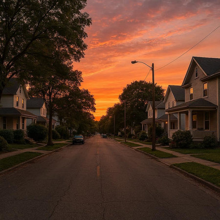 Sunset in the suburbs of Boston, Massachusetts, United States.の写真素材