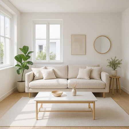 Interior of modern living room with white sofa, coffee table, plant and window. 3d render
