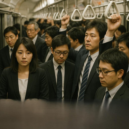 Group of business people riding on the train in Hong Kong, Chinaの写真素材