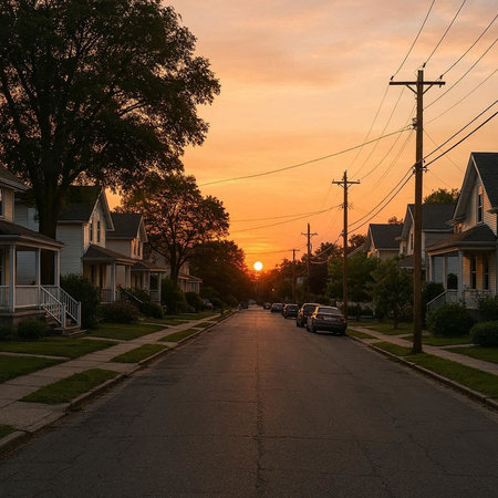 Sunset in a suburban neighborhood in West Virginia, United States.