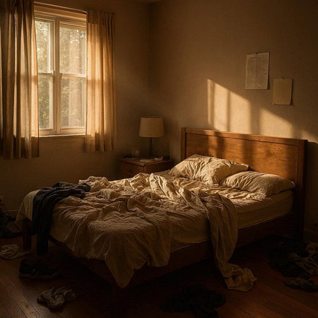 Bedroom interior with wooden bed and pillows in the morning sunlight