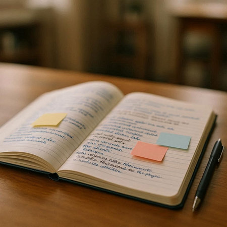 Notebook and pen on a wooden table with copy space for textの写真素材