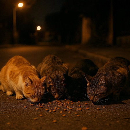 Three stray cats eating food on the street at night, selective focusの写真素材