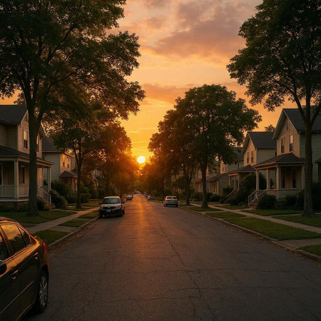 Sunset in a residential neighborhood in the United States of America.の写真素材