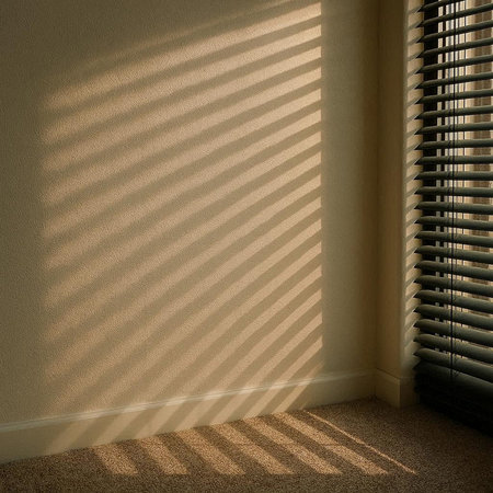 Sunlight through blinds in the room. 3D render.