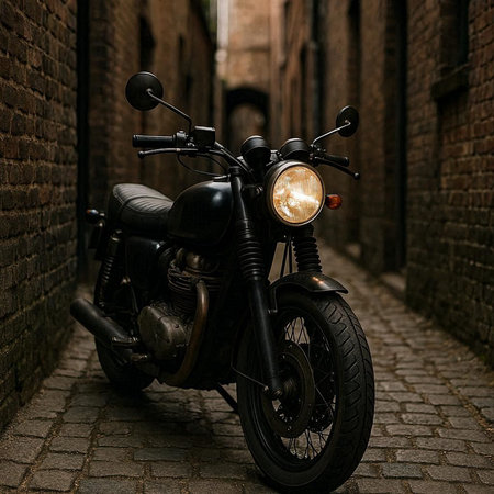 Vintage motorcycle on the street of the old town. Toning.