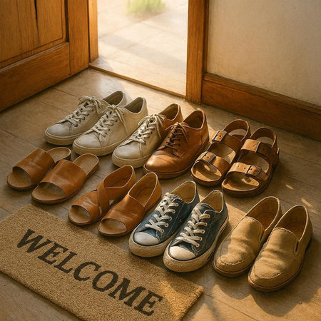 Wedding shoes on the floor with welcome doormat.