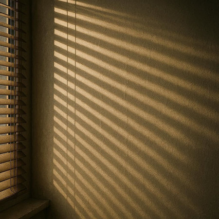 sunlight through the blinds on the wall of the room.