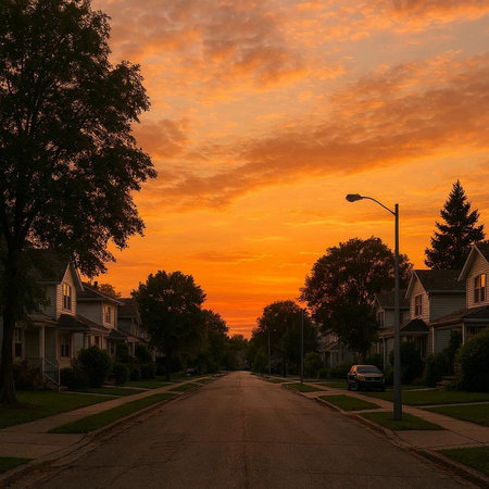 Sunset over a suburban neighborhood in the United States of America.の写真素材