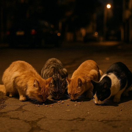 Group of stray cats eating food on the street. Selective focus.の写真素材