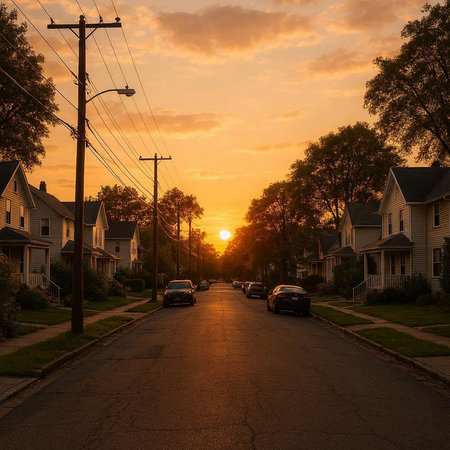 Sunset in a suburban neighborhood in the United States of America.の写真素材