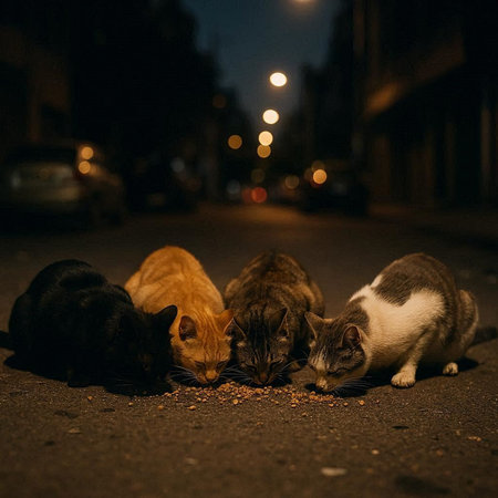 Group of stray cats eating food on the street at night. Selective focus.の写真素材