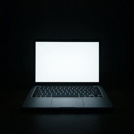 Laptop with blank screen on black background. 3d rendering.の写真素材