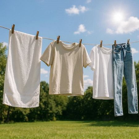 Clothes drying on a clothesline on a background of blue sky