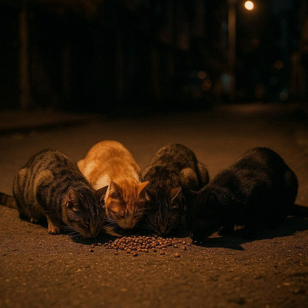 Three stray cats eat food on the street at night. Selective focus.の写真素材