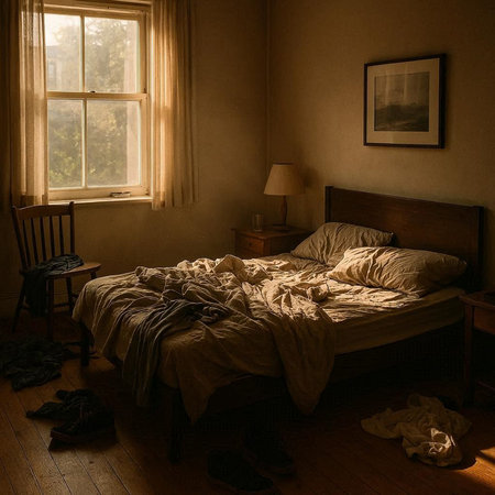 Interior of a room with a wooden bed and a window.の写真素材