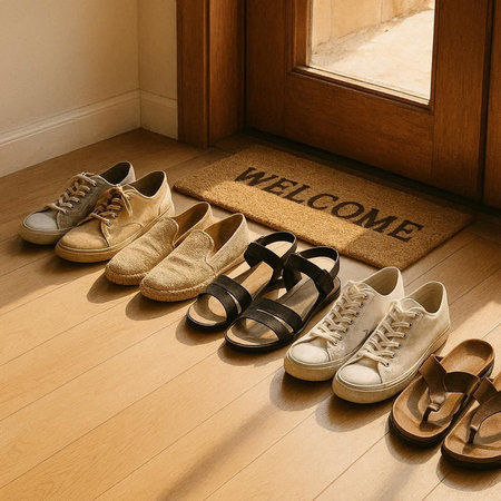 Sneakers on the floor in front of a door with welcome carpet