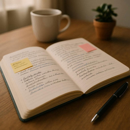 Pen and book on a wooden table with a cup of coffee.