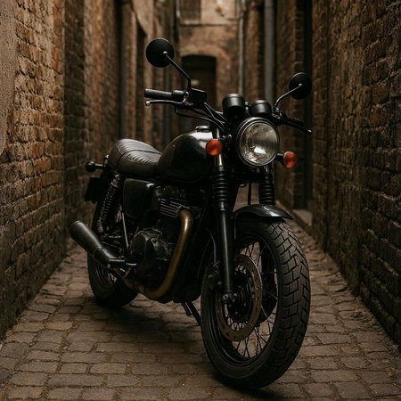 Vintage motorcycle in the old town of Bruges, Belgiumの写真素材