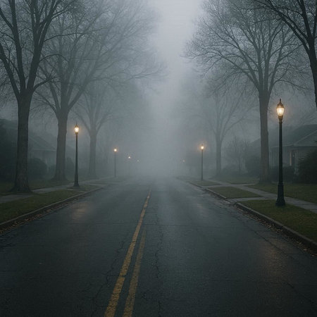 Road in a foggy park with lampposts and trees