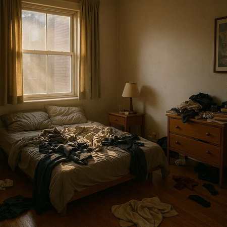 Interior of a room with a large bed and a large windowの写真素材