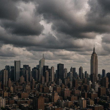 Aerial view of New York City Manhattan with skyscrapers and clouds