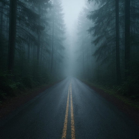 Road in the forest in a foggy misty day. Long exposureの写真素材