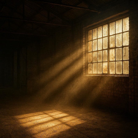 Sun rays through the window in an old abandoned building. 3d rendering