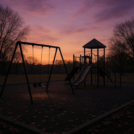 Children's playground at sunset in the park on a cold winter evening.の写真素材