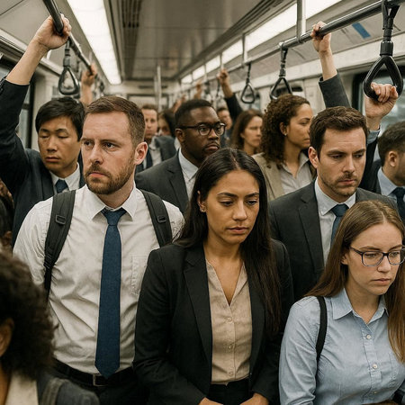 Group of business people on subway train. Group of business people traveling by train.