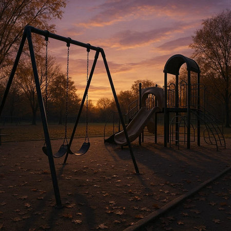 Children's playground with swings in the park at sunset. 3d renderの写真素材