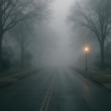 Foggy morning on a road in the middle of the cityの写真素材