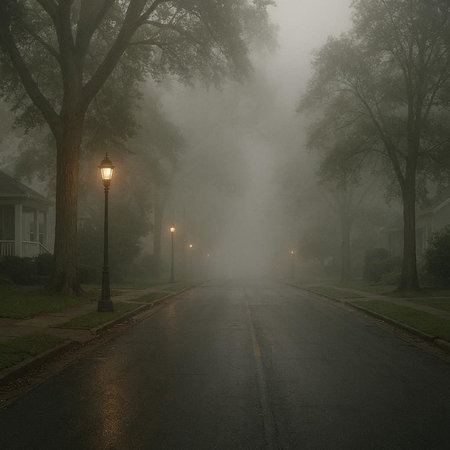 Foggy morning in the park with a street lamp and treesの写真素材