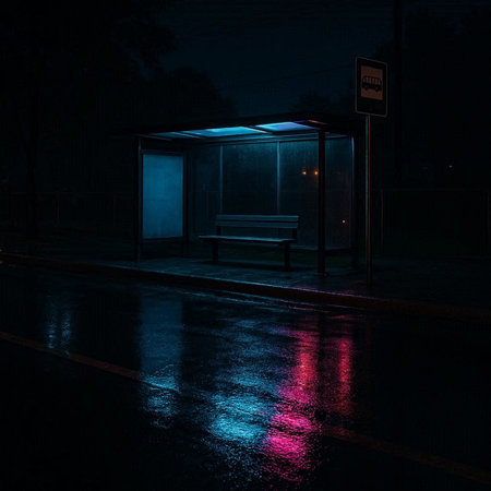 Bus stop at night in the city. 3d rendering. Computer digital drawing.の写真素材