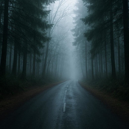 Foggy road in the dark forest. Dark mysterious landscape.