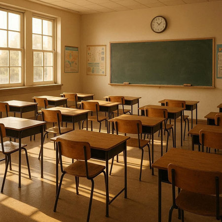 Interior of a school classroom with desks, chairs and chalkboard