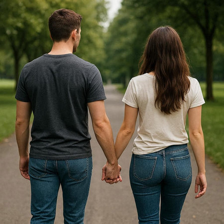 Rear view of young couple holding hands while walking in the park
