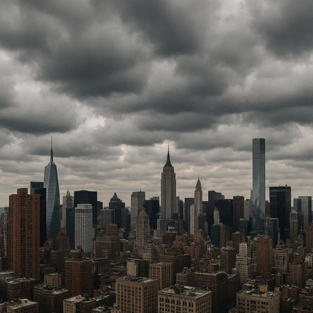 New York City skyline with skyscrapers and stormy sky.の写真素材