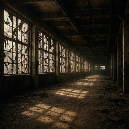 Abandoned factory interior with old windows and sunlight shining through them