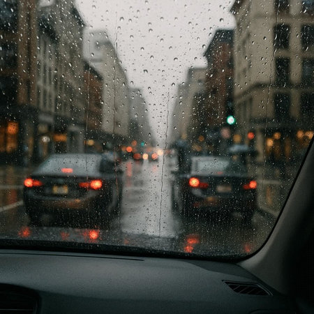 Rain drops on the car windshield. Rainy day in the city.