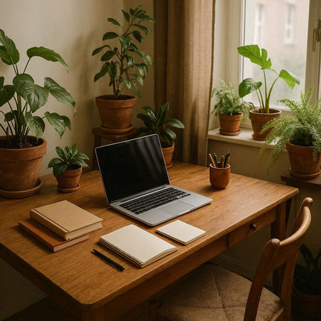 Workplace with laptop, stationery and plants on a wooden table