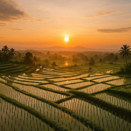 Beautiful sunset over the rice terraces in Bali, Indonesia