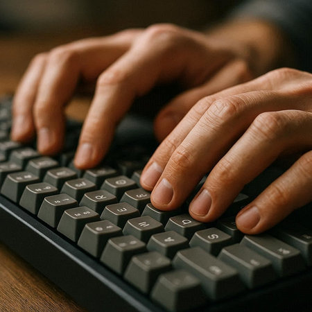 Hands typing on computer keyboard. Close-up of male hands typing on computer keyboard.の写真素材