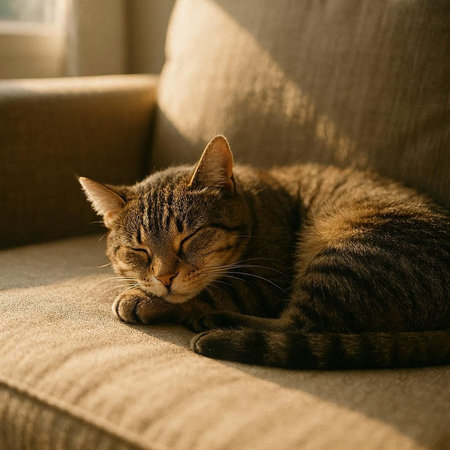 Cute tabby cat sleeping on the sofa in the sun.