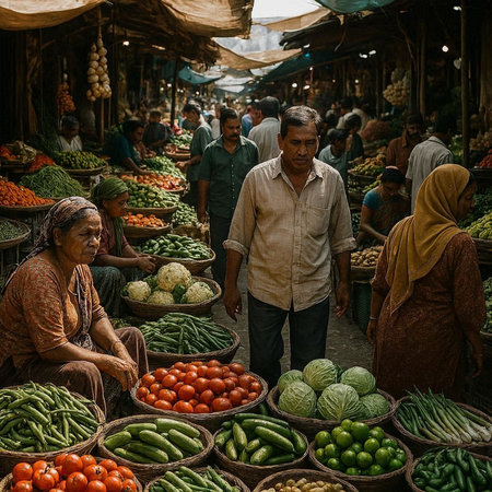 Indian people selling vegetables at the vegetable market in Mumbai, India.