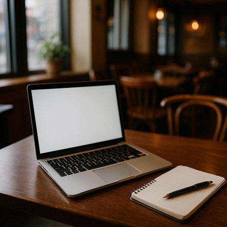 Laptop with blank screen and notebook on wooden table in cafe.