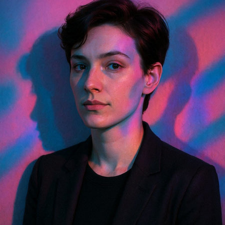 Portrait of a handsome young man in a black jacket with blue and pink neon light